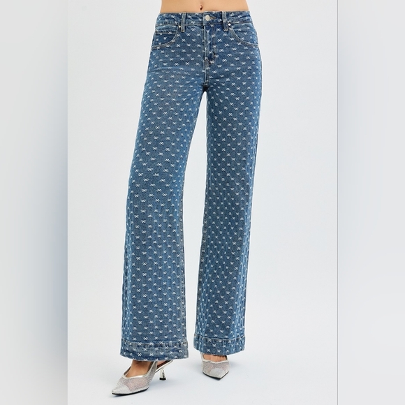 RISEN High Rise Wide Leg Bow Pattern Embroidered Jeans